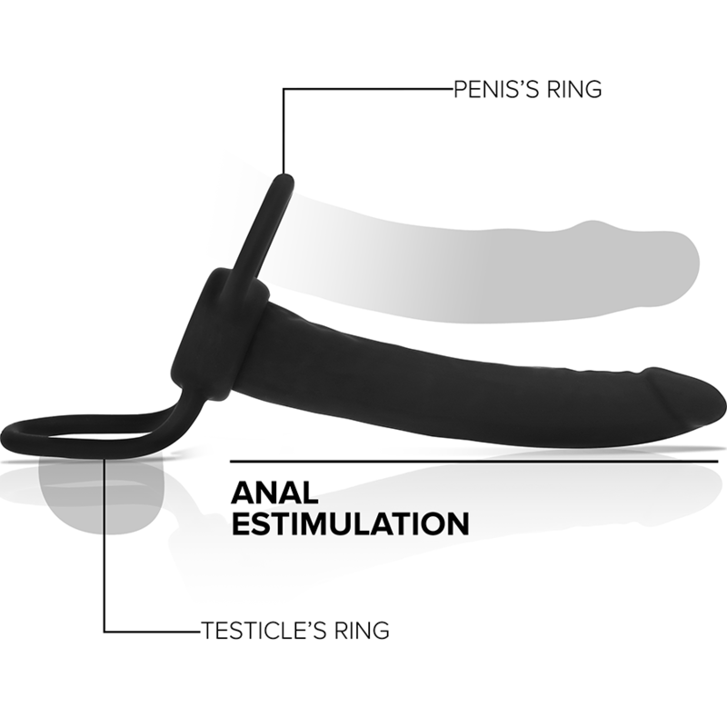 MYTHOLOGY COBI ONYX dildo anal con anillos para pene y testículos para doble penetración, uso